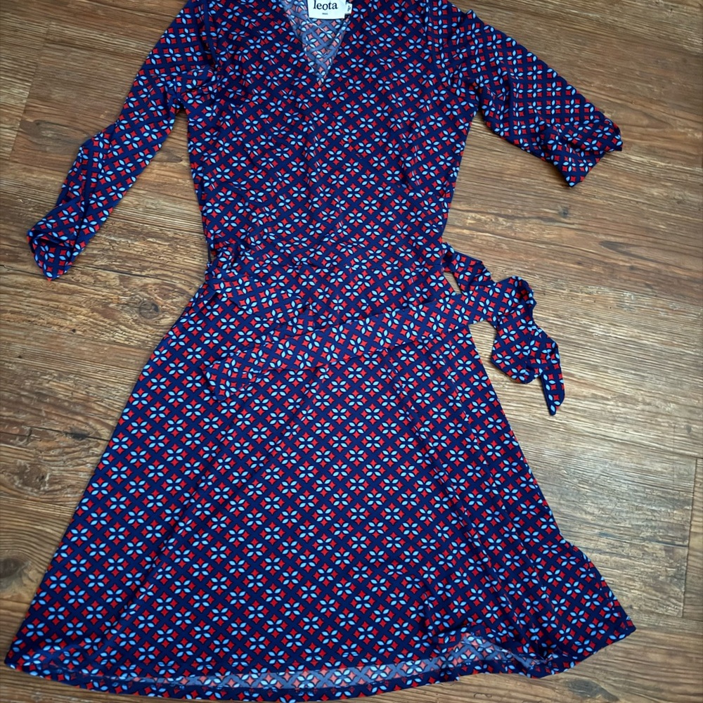 Leota Navy Wrap Midi Dress with Red Geometric Print